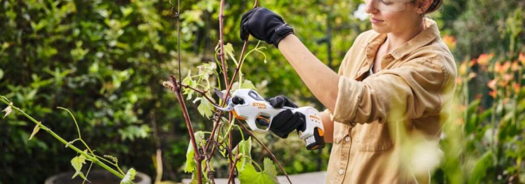 mujer podando con las tijeras eléctricas eléctrica de la marca Sthil
